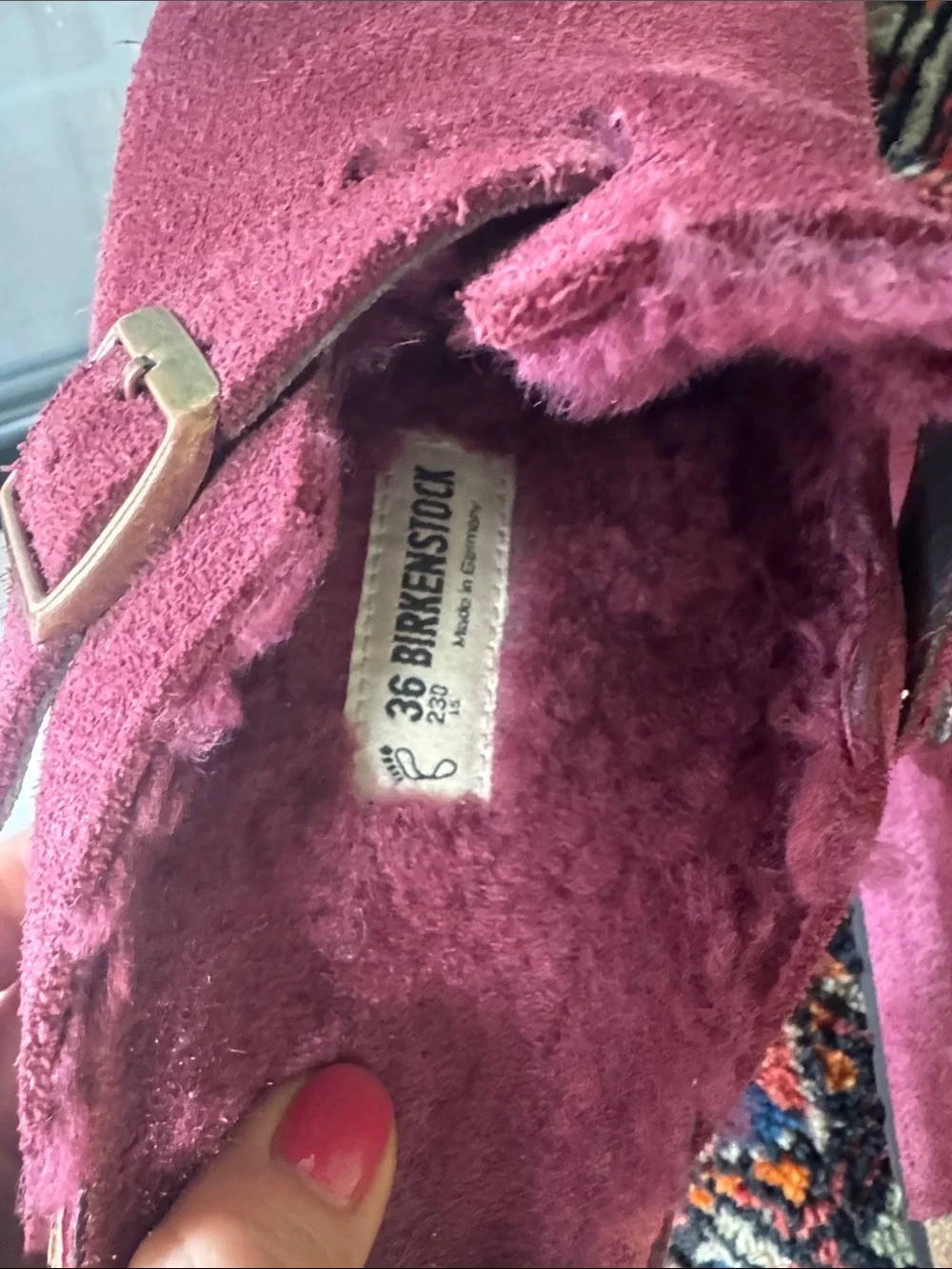 Burgundy wool lined Boston Birkenstocks 36